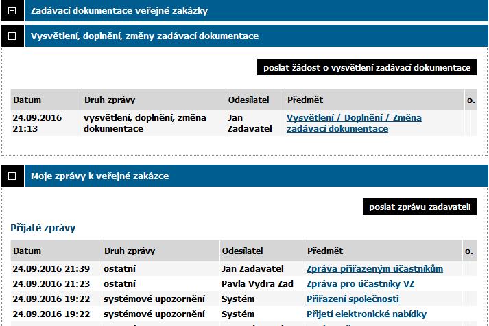 K tomu slouží tlačítko poslat žádost o vysvětlení zadávací dokumentace v detailu veřejné zakázky, v sekci Vysvětlení, doplnění, změny zadávací dokumentace (vizte obrázek 33).