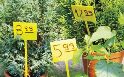 vrtnih centrih za označevanje cen rastlin, cvetja ipd.