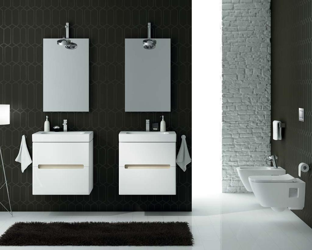 Modo moderní design za dobrou cenu Pravoúhlá minimalistická umyvadla v rozměrech 50, 60, 80 a nově 100 cm, k tomu jednoduché skříňky pod umyvadlo se zásuvkami v lesklém bílém provedení.