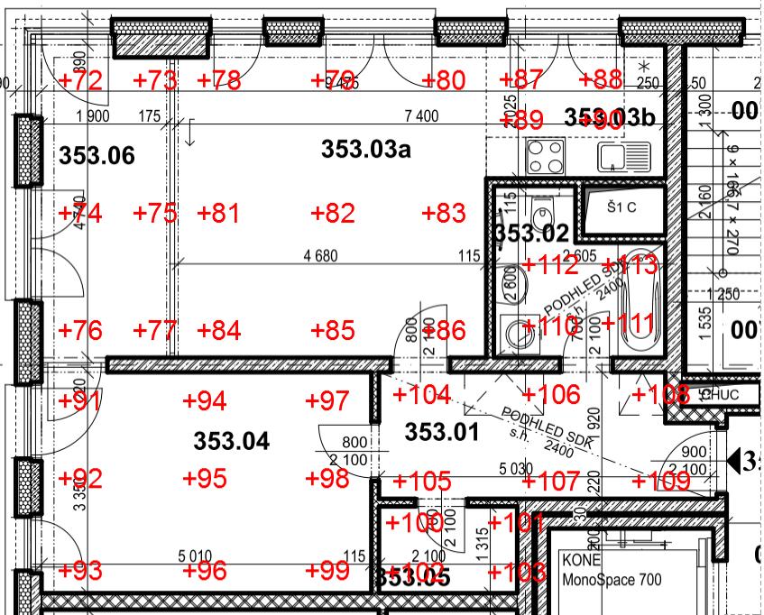přípustnou odchylku ± 0,020 m, další neobytné místnosti splnily požadavky německé normy. Největší odchylka v neobytných místností se sádrokartonovým stropem dosahuje kladných hodnot 0,007 m.