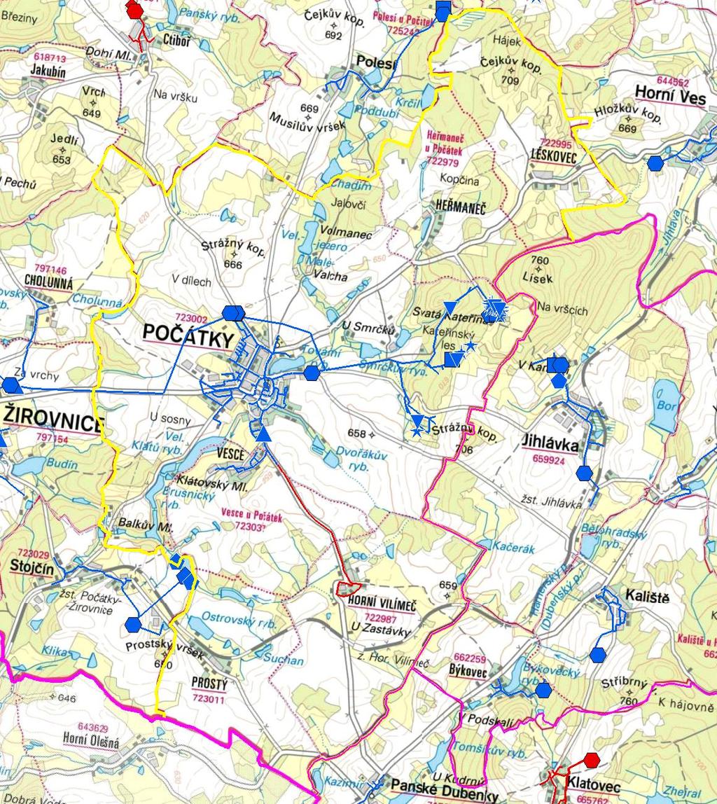 MAPA - VODOVODY Trasování sítí, lokalizace vodojemů, zdrojů, čerpacích stanic, ATS, ÚV Vodovodní řady Vodojem zemní