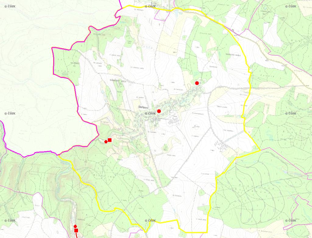 E. KANALIZACE A ČOV Mapa E1: Kanalizace - rozvody v obci Trasování sítí, lokalizace ČOV, čerpací stanice (ČS), výústě Obec: Skřípov Legenda: Kanalizace: Ochranné pásmo: Vyústění: do 2015 po 2015 I IA