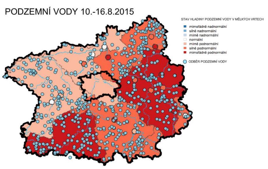 Obr. 10 Stav podzemních vod v týdnu 10.-16.2015, zdroj ČHMÚ 3.