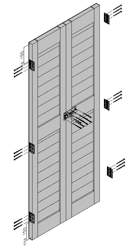 6. Zajištění zárubně, montáž kování a osazení křídel dveří Fixování zárubně provádějte do podlahového hranolu nebo základové desky a do prvních stěnových dílů (viz obr.14).
