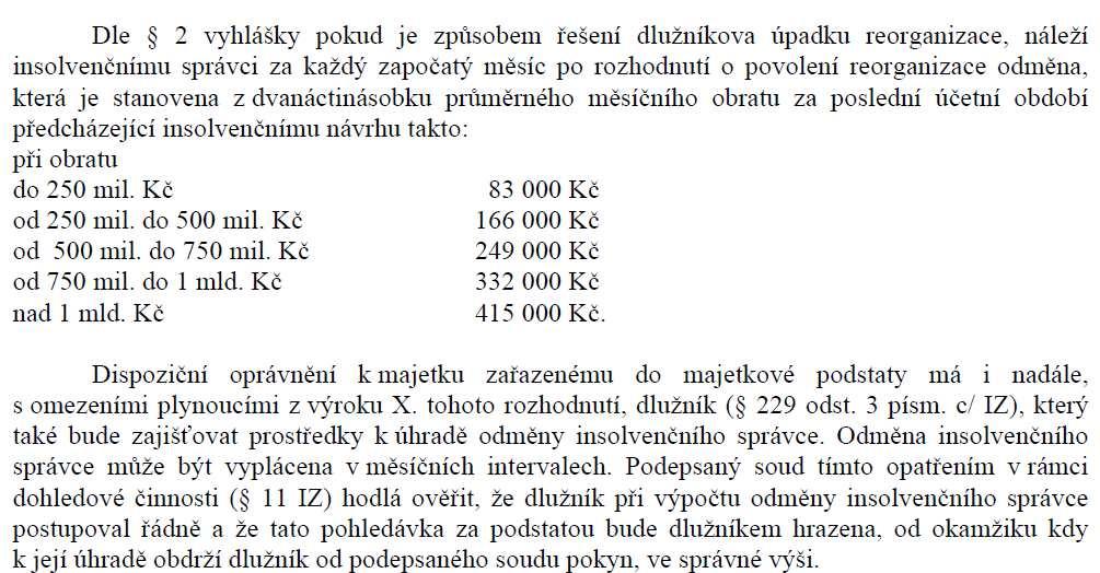 vyhlášce o zahájení insolvenčního řízení Stanovení odměny v