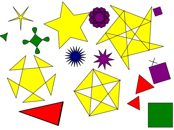 Nakreslite hviezdy, mnohouholníky (zmeňte parametre koeficient lúčov, rohy, zaoblenie, náhodnosť a potom nastavte