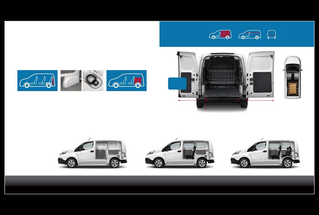 KAPACITA NÁKLADOVÉHO PROSTORU A VŠESTRANNOST PRO DOKONALÉ VYUŽITÍ. Nissan e-nv200 bylo navržen tak, aby splňoval řadu různých potřeb. Vyberte si ze dvou modelů.