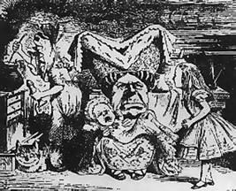 Dveře vedly rovnou do velké kuchyně, která byla plna kouře od jednoho konce ke druhému; uprostřed na velké trnoži seděla Vévodkyně a chovala děcko; nad ohněm se nahýbala kuchařka, míchajíc vařečkou