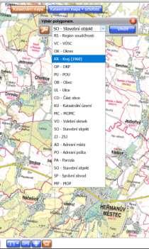 Výběr prvků v mapě na základě polohy definičních bodů (případně DCU) Vymezení zájmové oblasti v mapě, možná kombinace s popisnými parametry Zjištění např.