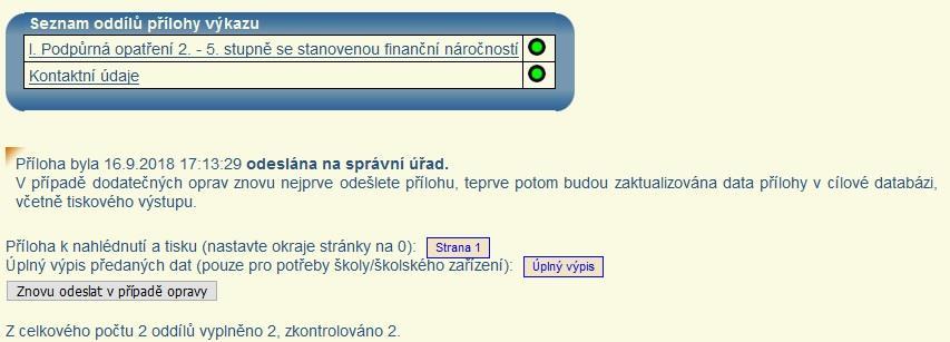 výkaz. Teprve po odeslání přílohy se v dolní části stránky zobrazí tiskový výstup a také úplný výpis předaných dat.