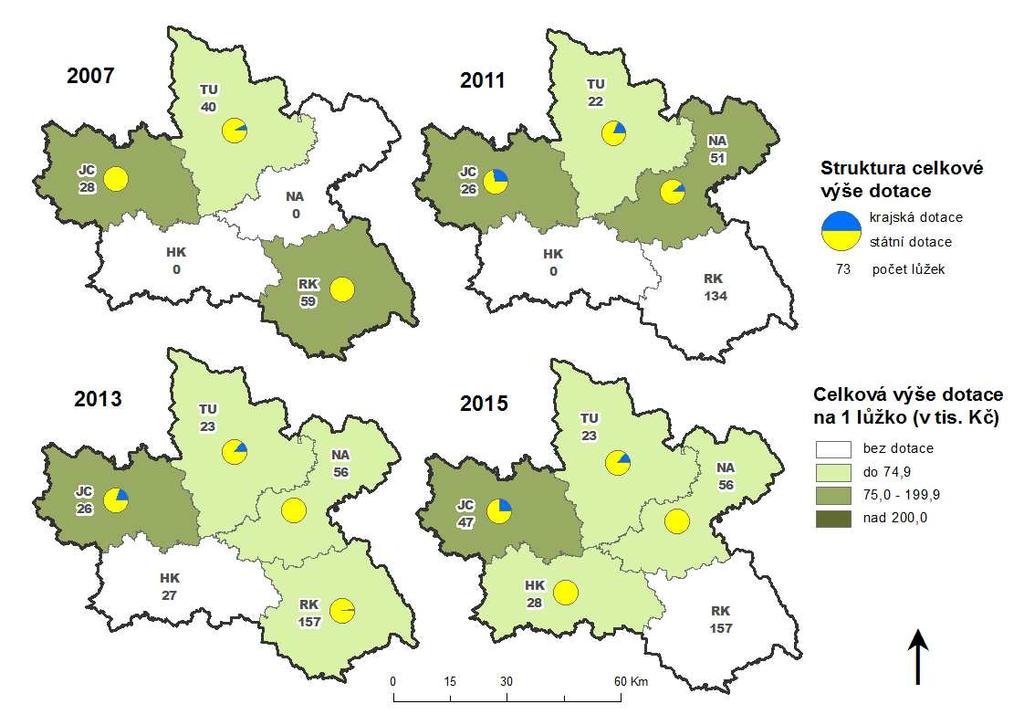 Obrázek 7: Domovy pro seniory provozované NNO v Královéhradeckém kraji a dotace v letech 2007, 2011 a 2015 Zdroj dat: vlastní zpracování MPSV (2015), Odbor sociálních věcí KÚ Královéhradeckého kraje