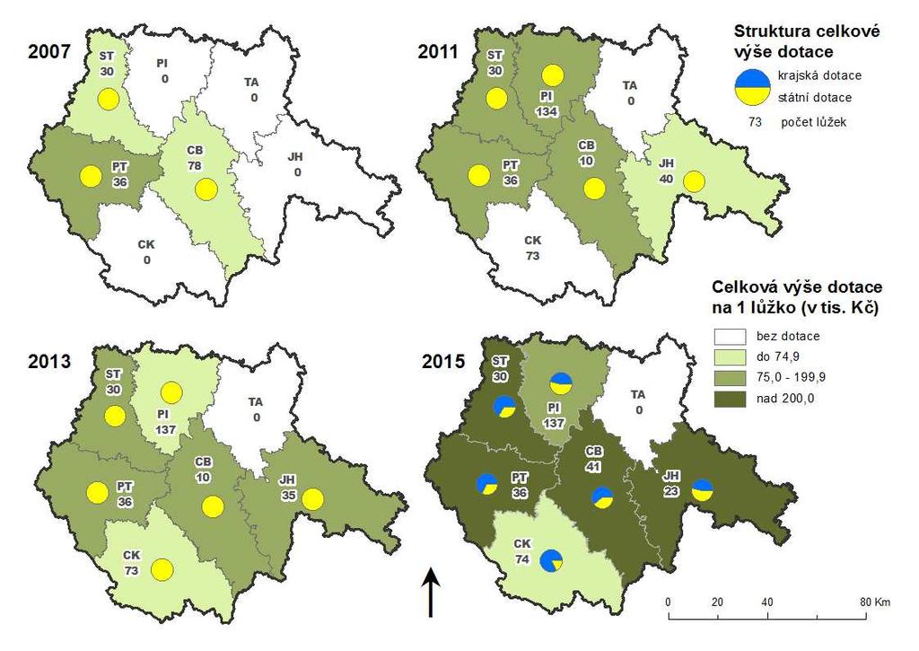 Graf 4: Dotace od státu a kraje na lůžko v domově seniorů v Jihočeském kraji provozovaných NNO v tis.