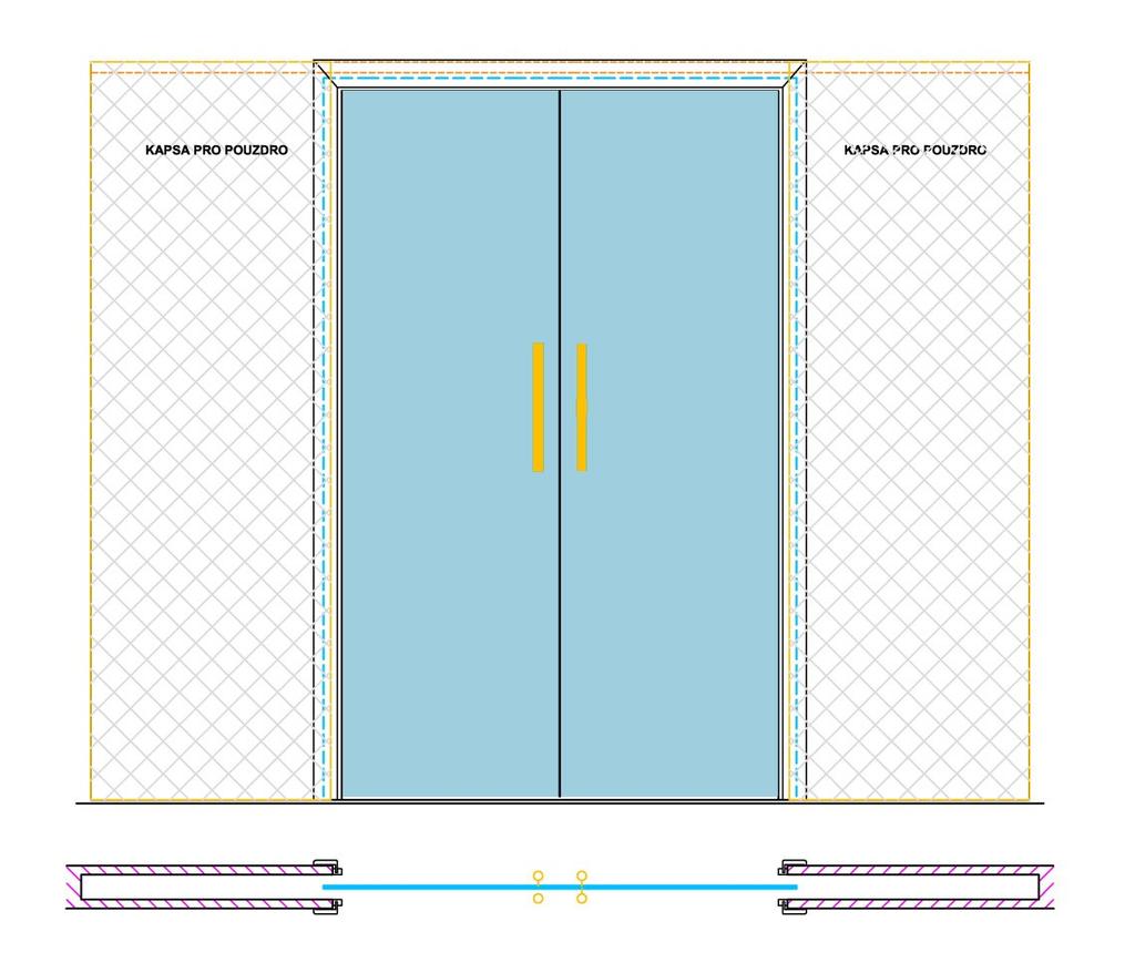 Dvoukřídlé posuvné dveře do pouzdra Základní provedení Průchozí rozměr Rozměry skel Kování 1450 x 1970 mm 775 x 1995 mm 775 x 1995 mm úchyty Eclisse CLAMP - s výřezem madlo
