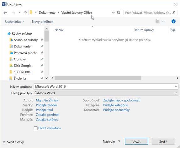 Kapitola 1 Microsoft Word Šablona se vytváří jednoduchým způsobem, a to uložením dokumentu jako šablony. Přejděte do Soubor Uložit jako, kde zvolte Procházet.