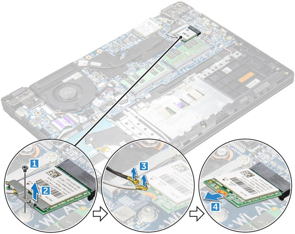 b Zvedněte a vyjměte kovový držák z karty WLAN [2]. c Odpojte dva kabely karty WLAN, které spojují kartu WLAN s anténou [3]. d Vytáhněte kartu WLAN z konektoru na základní desce [4].