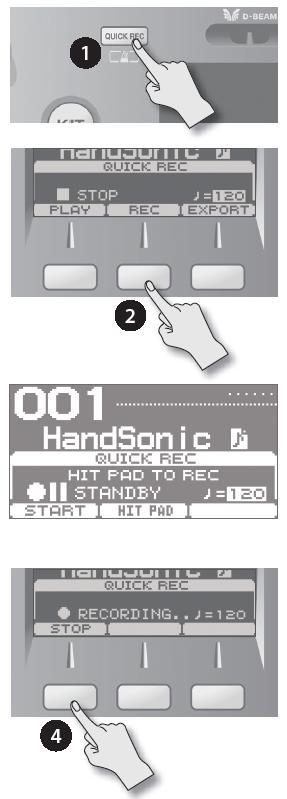 Quick Start Nahrávání vlastní hry (QUICK REC) Vaši hru na HandSonic si snadno nahrajete. Nahraný záznam lze přehrát, nebo vyexportovat na USB flash disk, do audio souboru.