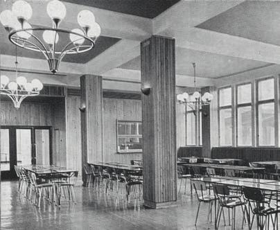 Interiér jídelny internátu na Podžatecké. (Reprodukce: Architektura ČSSR XXIII, 1964, č.