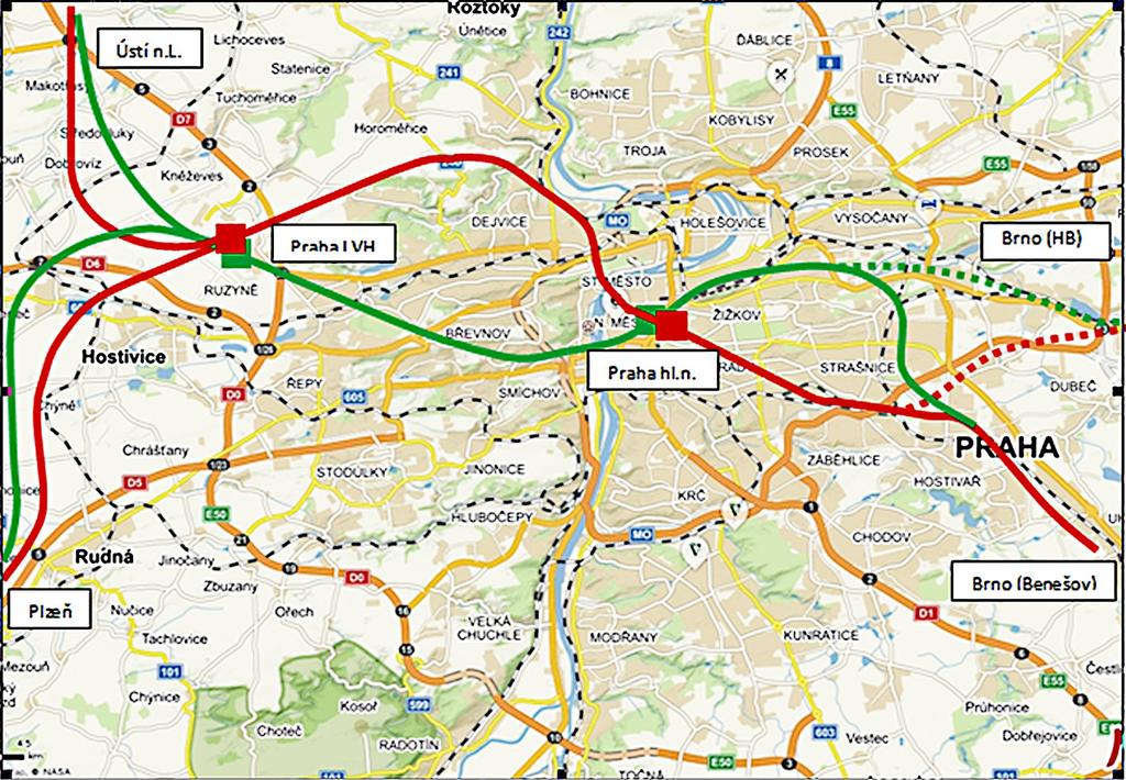 5 Vedle toho mohou být zkoumány i varianty s rozpletem ve směru Ústí nad Labem a Plzeň ve směru od Prahy za LVHP, například v tomto hrubém nákresu: identifikace problémových míst jednotlivých variant