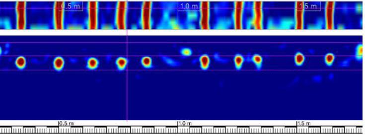 skenů viz. Tab. 6.5). Pomocí elektromagnetického indikátoru výztuţe Proceq Profometer 3 byly proměřeny dvě oblasti u paty prvku (viz Obr. 6.9 vyznačeny zeleně). Tab. 6.5: Výškové umístění skenů na prvku č.