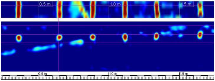 umístění skenů viz. Tab. 6.8). Pomocí elektromagnetického indikátoru výztuţe Proceq Profometer 3 byly proměřeny dvě oblasti u paty prvku (viz Obr. 6.9 vyznačeny zeleně). Tab. 6.8: Výškové umístění skenů na prvku č.