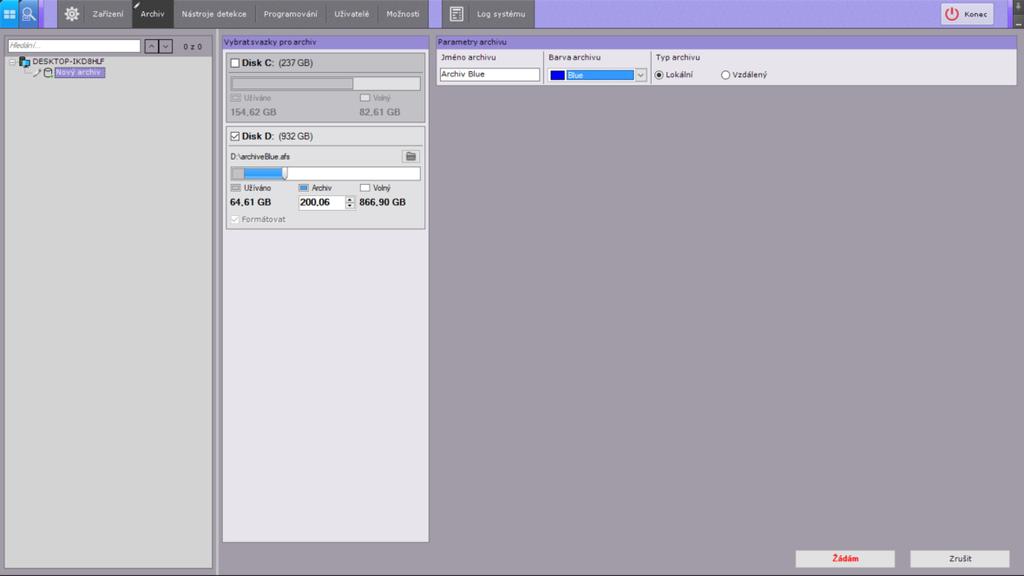 Vytvoření archivu Po přidání kamer do systému je nutné vytvořit archiv pro ukládání
