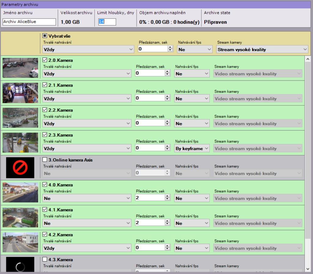 V parametrech archivu můžeme nastavit způsob nahrávání pro jednotlivé kamery, dobu předzáznamu, kvalitu video streamu pro záznam a maximální dobu uchování záznamu.