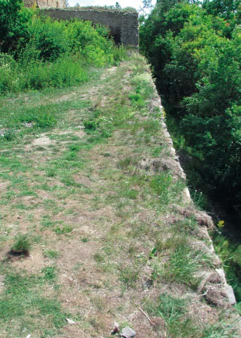 Jižní parkánová hradba, pohled na průběh hradby od jihozápadu. Stav po opravě (dozdění parkánové hradby, vyplnění destrukce terénu parkánu, zakrytí koruny hradby). (Foto P.