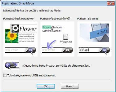 Jak používat program P-touch Editor Režim Snap Tento režim umožňuje zachytit celý obsah obrazovky počítače nebo její část, vytisknout ji jako obrázek a uložit pro budoucí použití.
