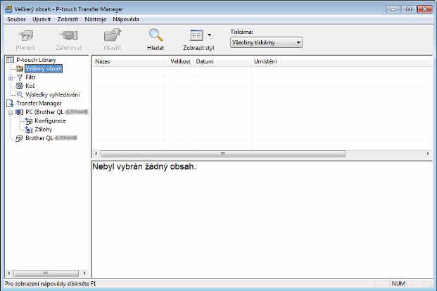Jak používat programy P-touch Transfer Manager a P-touch Library (pouze pro systém Windows ) Hlavní okno 9 1 2 3 5 4 6 1 Lišta nabídek Poskytuje přístup k různým příkazům, které jsou seskupeny pod