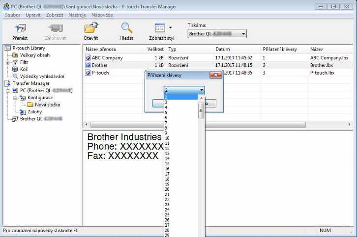Jak používat programy P-touch Transfer Manager a P-touch Library (pouze pro systém Windows ) e Chcete-li změnit číslo klíče přiřazené k nějaké položce, klikněte na tuto položku pravým tlačítkem,