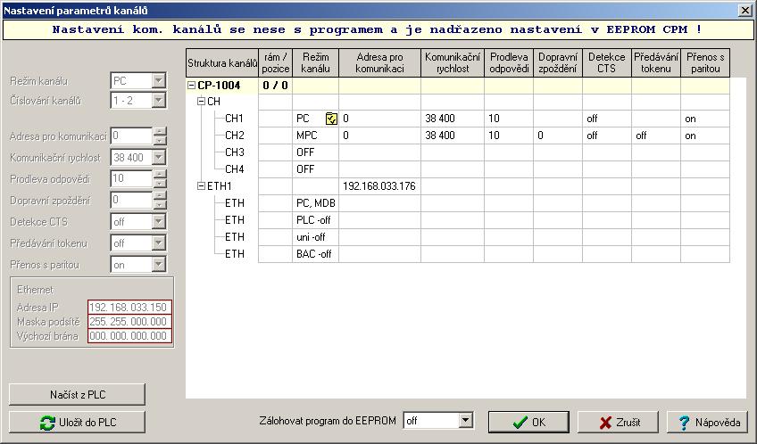 5. Obsluha PLC řádku centrální jednotky ikonu. Zobrazí se panel Nastavení parametrů kanálů (obr.5.1), který umožňuje nastavení všech parametrů centrální jednotky. Obr.5.1 Nastavení parametrů