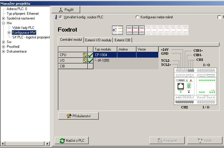 5. Obsluha PLC FOXTROT a zvolíme typ základního modulu PLC (obr.5.3). Pak můžeme v Manažeru projektu ve složce Hw / Konfigurace HW provést konfiguraci PLC (obr.5.4, obr.5.5).