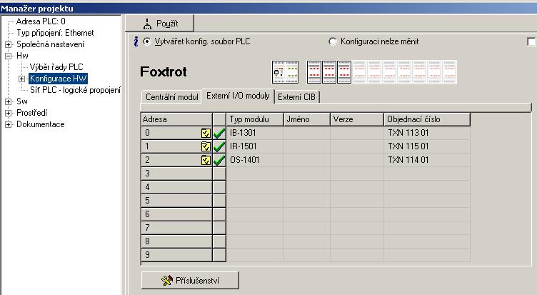 Programovatelné automaty TECOMAT FOXTROT Obr.5.5 Nastavení konfigurace PLC FOXTROT - periferní moduly Na základě údajů v centrální jednotce je vygenerován seznam nalezených modulů (obr.5.6).