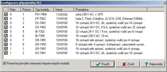 Pokud je volba zaškrtnutá, pak moduly, které už byly zkonfigurovány a byly nalezeny na stejných pozicích, si ponechají své nastavení.