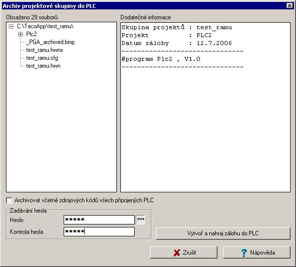 Programovatelné automaty TECOMAT FOXTROT Obr.5.7 Archivace projektu do PLC Pak stiskneme tlačítko Vytvoř a nahraj zálohu do PLC a Mosaic vytvoří archiv a zapíše jej do centrální jednotky.