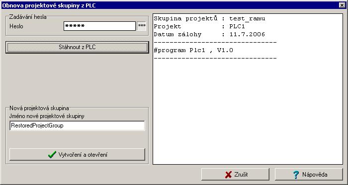 5. Obsluha PLC Obr.5.8 Obnovení projektu z PLC 5.6.