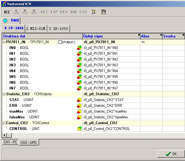 Poskytovaná data Programovatelné automaty TECOMAT FOXTROT Kanál CH2 v režimu UPD poskytuje informace o vstupech a výstupech na submodulech PX-7811 a PX-7812.