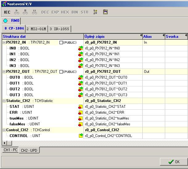 2. Základní moduly PLC FOXTROT Obr.2.2.8 Struktura dat submodulu PX-7812 PX7812_IN - binární hodnoty vstupů (8x typ bool) 0 0 0 0 IN3 IN2 IN1 IN0 bit.7.6.5.4.3.2.1.0 IN0 - IN3 - binární vstupy PX7812_OUT - binární hodnoty výstupů (8x typ bool) 0 0 0 0 OUT3 OUT2 0 OUT0 bit.