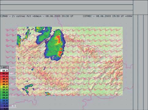 znázorněn skutečně naměřený radarový snímek pro dobu předpovědi. Fig. 1. Example of COTREC radar echo prediction.