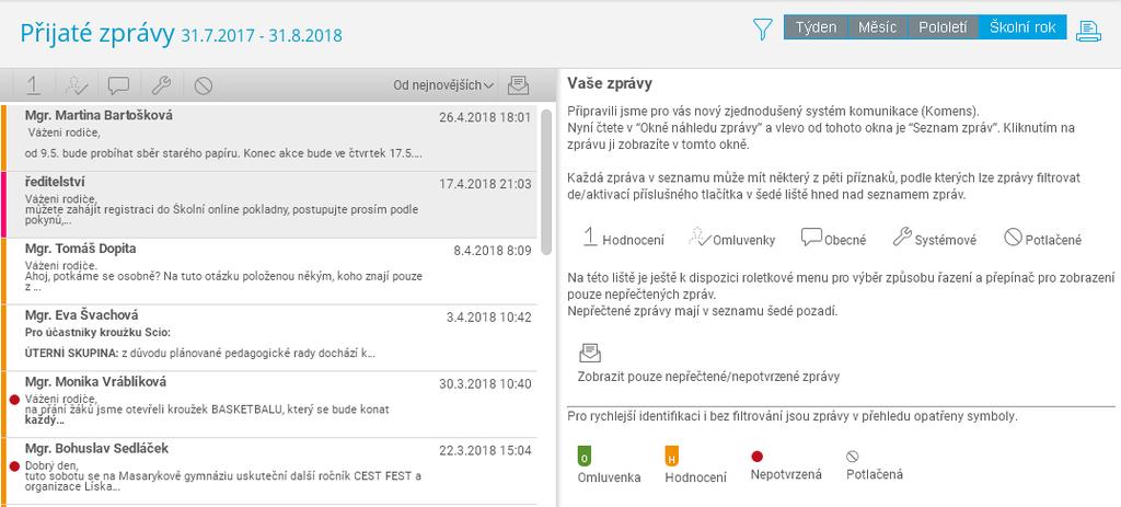 4.7.2 Přijaté zprávy Vlevo se zobrazují přijaté zprávy (nepřečtené jsou podbarvené šedě), vpravo, po kliknutí