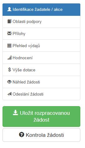 V každé žádosti je v pravém rohu nabídka záložek, které je nutné pro správné podání žádosti vyplnit.