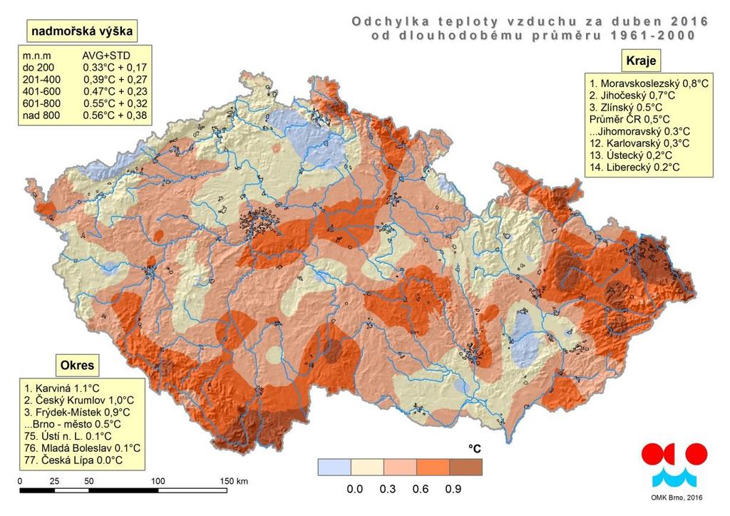 byla teplota o 11 až 12 C vyšší. Koncem března přišlo další výraznější oteplení a trvalo až do 17.4.2016. Teplota zde byla o 2,7 C vyšší na stanici Kuchařovice než je dlouhodobý průměr.