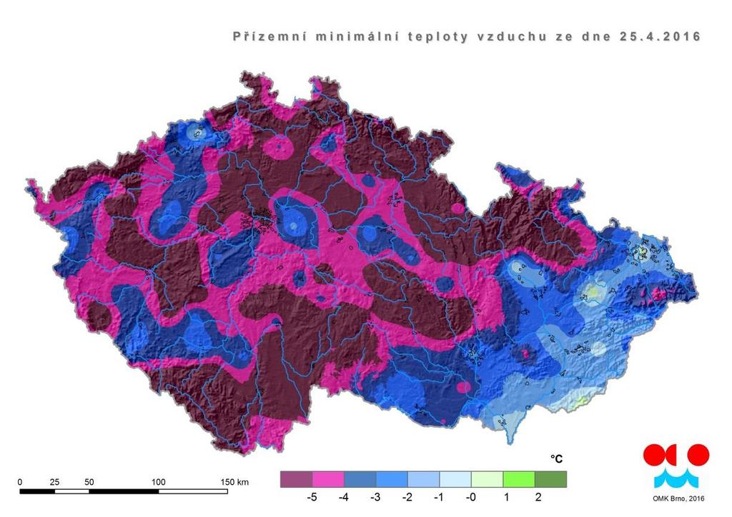 Obr. 6. Přízemní minimální teplota vzduchu ze dne 25.4.2016 na území České republiky Dne 26.4.2016 se situace obrátila. Nižší minimální teploty vzduchu byly na Moravě než v Čechách.