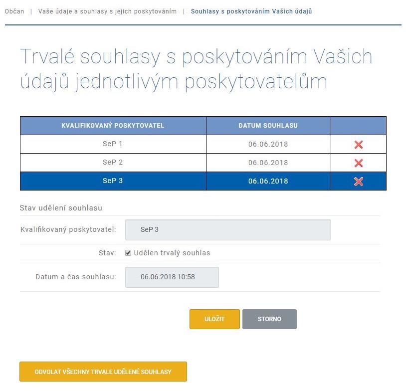 Obrázek 10 - Správa souhlasů s trvalým poskytnutím údajů Přehled trvale udělených souhlasů Přehled trvale udělených souhlasů obsahující název poskytovatele služeb a datum udělení trvalého souhlasu.