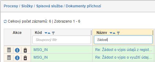 Pokud záznamů není příliš mnoho (konkrétní počet opět nastavuje administrátor FormFlow), můžete si je dále seřadit či filtrovat podle některého ze sloupců tabulky.