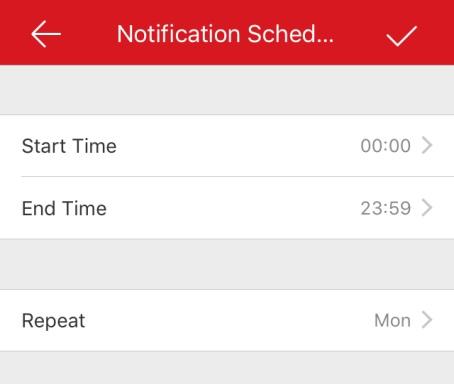 iii. Klepněte na možnost Set a time schedule. iv. Klepněte na možnost Start Time a End Time. Posunutím vyberte počáteční a koncový čas. v. (Volitelně) Klepněte na možnost Repeat a vyberte den, který chcete opakovat.