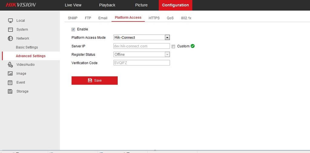 Klepněte na možnost Configuration Network Advanced Settings Platform Access a přejděte na stránku Přístup k platformě. 5.