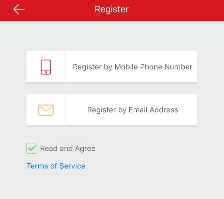 Registrace pomocí čísla mobilního telefonu 1. Na stránce přihlášení klepněte na možnost Register. 2. Chcete-li si přečíst smlouvu, klepněte na možnost Terms of Service. 3.