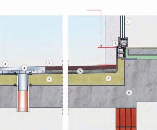 odvodnění podle normy 4- Nástavec MEA pro odtoky ze střechy 5-2% spád 6- Úrovně izolace (s přidanou ochrannou vrstvou podle Směrnice o plochých střechách) 7- pochůzí obložení, drenážní podklad nebo