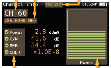 Měřené parametry jsou závislé na typu signálu: DVB-S: úroveň,c/n,mer,cber,vber DVB-S2: úroveň,c/n,lm,ldpcber,bchber DVB-T: úroveň,c/n,mer,cber,vber DVB-T2: úroveň,c/n,lm,ldpcber,bchber DVB-C: